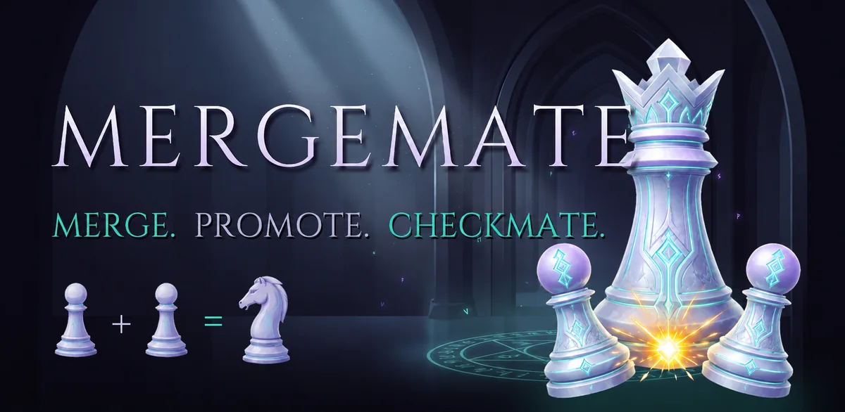 MergeMate 主视觉：两枚兵合成一枚马，Merge、Promote、Checkmate